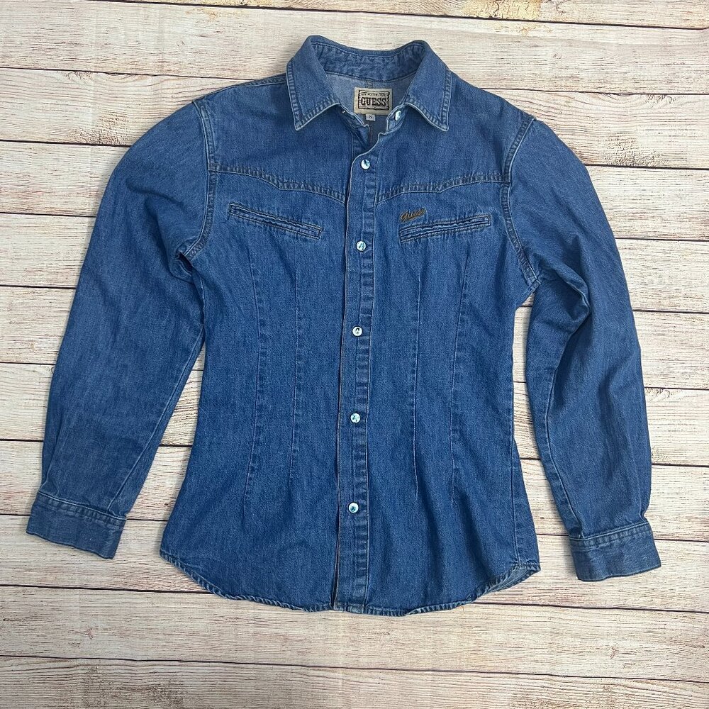 Vintage GUESS Denim Shirt Womens Sm Western Style Pearl‎ Snaps Blue Jean Blouse